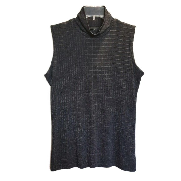 CHICOS Charcoal Gray Window Pane Pattern Mock Neck Sleeveless Knit Pullover Sz 1 - Picture 1 of 4